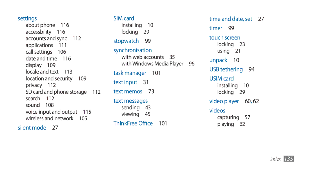 Samsung GT-I5800DKAXEG, GT-I5800DKADTM 111, 116, 113, Location and security 109 privacy , 112, 115, With web accounts  